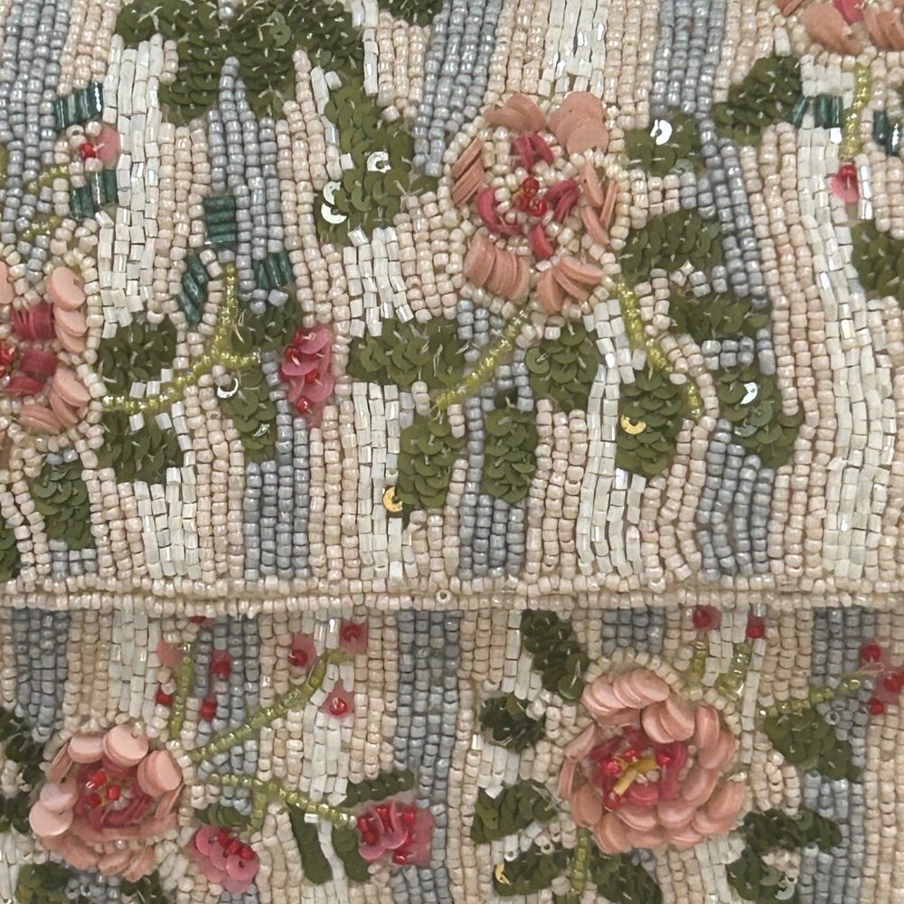 India Beaded Bag Pink Rose Flowers with Blue Pink White Stripes and Bag Charm - Picture 3 of 6